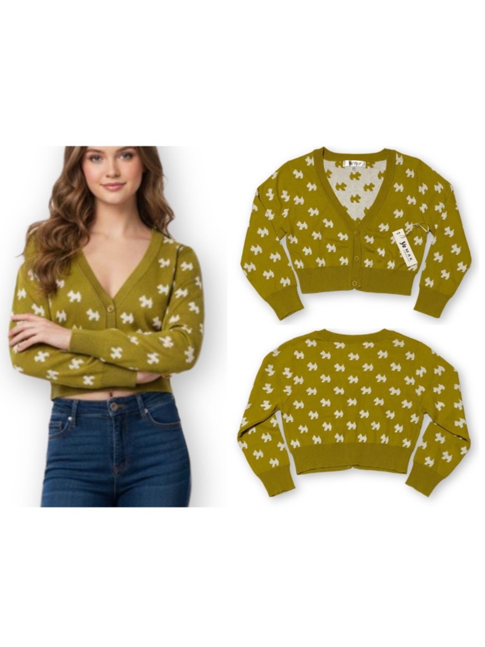 Ye MAK Small Cropped Avocado Dog 3/4 Sleeve Cotton Knit Cardigan Sweater